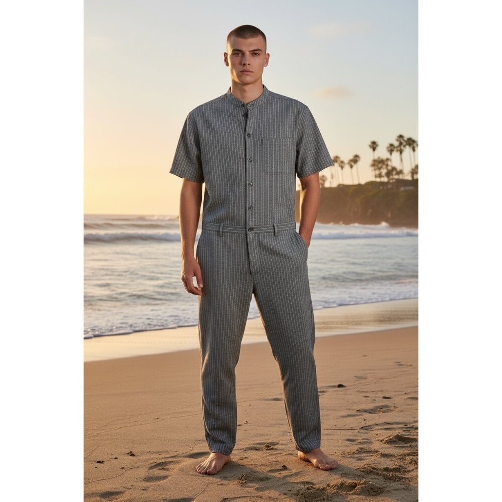 Romperjack Mens Striped Short Sleeve Romper Gray Button Front With Pockets M